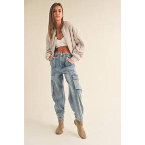 MIOU MUSE Denim - MIOU MUSE High Rise Utility Cargo Jeans Size Large L Button Fly Slouchy Casual